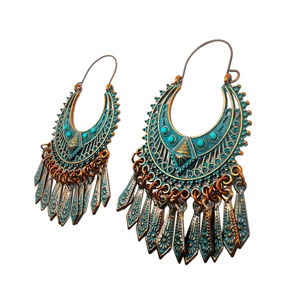 Lira Tribal Spear Earrings Metal Fringe Vintage Bronze Blue Bohemian Turquoise - Picture 2 of 4